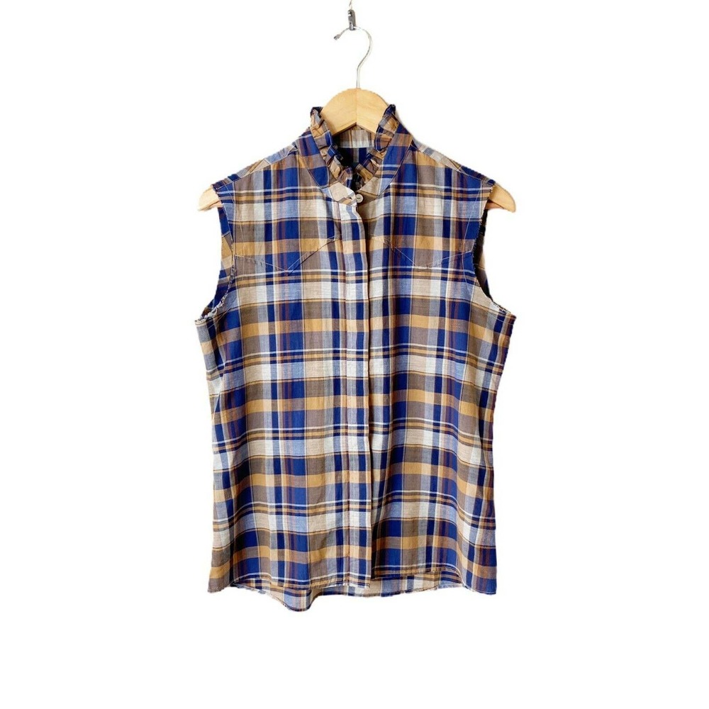 NILI LOTAN Feora Blue/Tan Plaid RuffleNeck Top NWT - Picture 5 of 10
